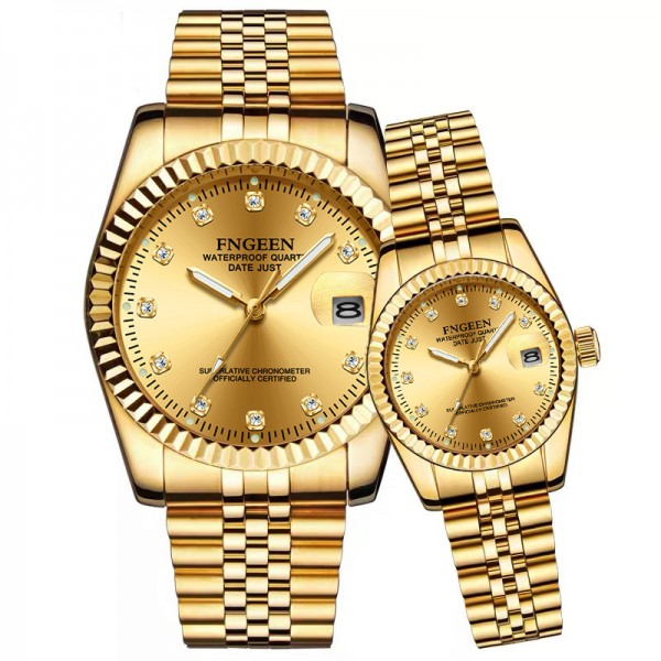 FNGEEN 3301 Men Top Brand Luxury Business Couple Watch Waterproof High-end Crystal Gold Watch Quartz Calendar Clock Wristwatches