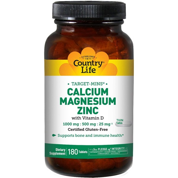 Country Life Target-Mins Calcium Magnesium Zinc w/Vitamin D 1000mg/500mg/25mg - 180 Tablets - Supports Bone & Immune
