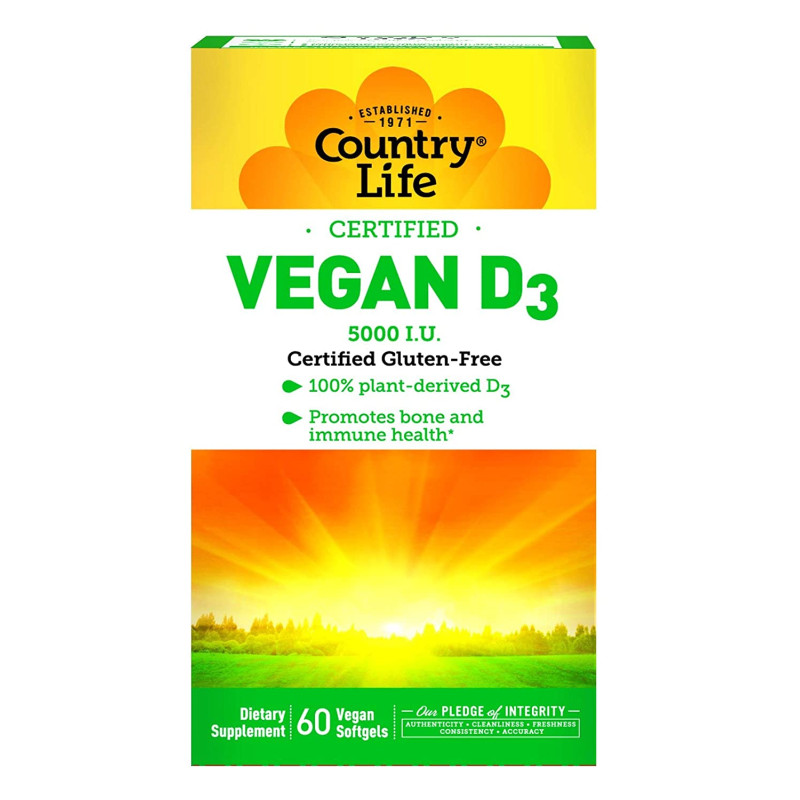 Country Life Vegan D3 5000 IU - 60 Softgels - 100% Plant-derived - Promotes Immune Health & Bones