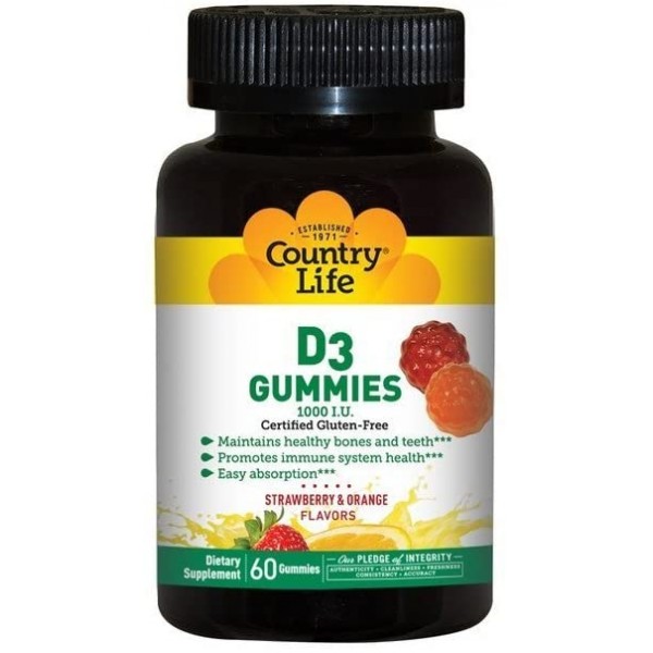 Country Life Vitamin D3 Gummy 1000 iu - 60 Gummies - Deficiency - Immune Health - Healthy Teeth and Bones - Great Taste - Great for Kids - Strawberry and Orange