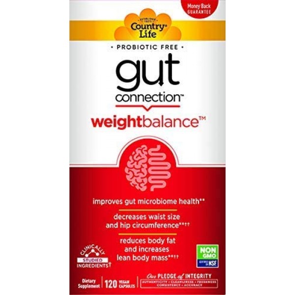 Country Life Gut Connection - 120 ct - Weight Balance - Help Improve Microbiome Health - Encourages Smaller Waist Size - May Reduce Body Fat & Increase Body Mass - EpiCor