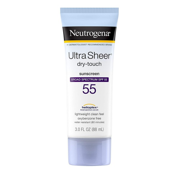 Neutrogena Ultra Sheer Dry-Touch Sunscreen Lotion, Broad Spectrum SPF 55 UVA/UVB Protection, Oxybenzone-Free, Light, Water Resistant, Non-Comedogenic & Non-Greasy, Travel Size