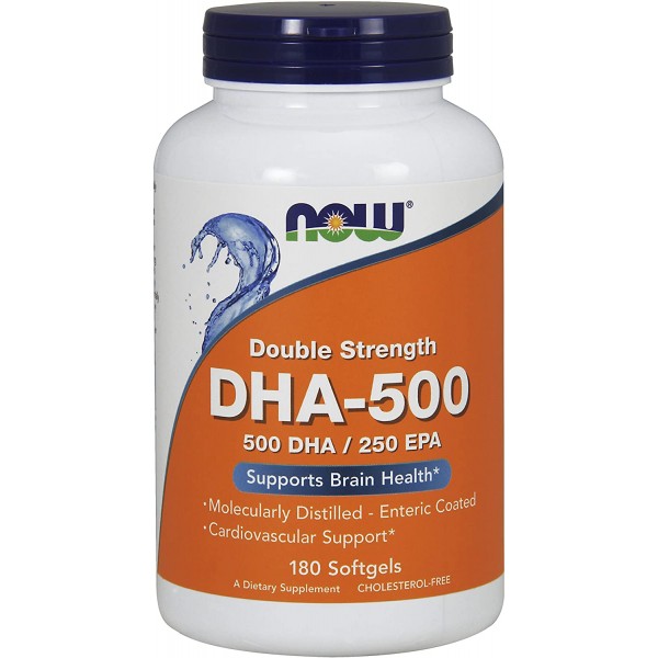 NOW Supplements, DHA-500 with 250 EPA, Molecularly Distilled, Supports Brain Health*, 180 Softgels