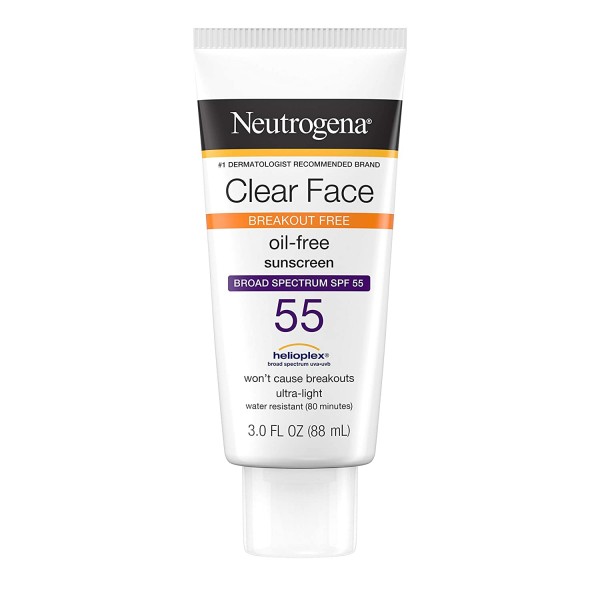 Neutrogena Clear Face Liquid Lotion Sunscreen for Acne-Prone Skin, Broad Spectrum SPF 55 with Helioplex Technology, Oil-Free, Fragrance-Free & Non-Comedogenic