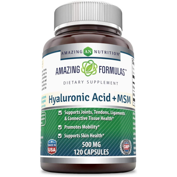 Amazing Nutrition Hyaluronic Acid & MSM Dietary Supplement - 500 Milligrams - 120 Capsules - Provides Joint, Tendon & Ligament Support - Promotes Flexibility – Skin Health Supplements