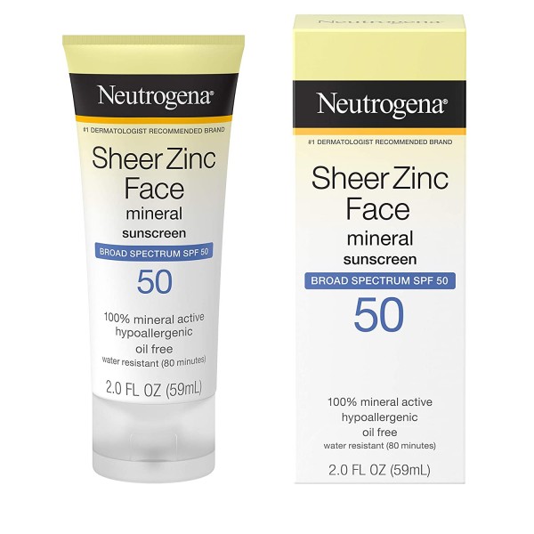 Neutrogena Sheer Zinc Oxide Dry-Touch Mineral Face Sunscreen Lotion with Broad Spectrum SPF 50, Oil-Free, Non-Comedogenic & Non-Greasy Zinc Oxide Facial Sunscreen, Hypoallergenic