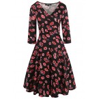 oxiuly Women's Vintage V-Neck 3/4 Sleeve Floral Casual Cocktail Party Swing Dress OX233 (S, Red Long)