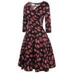 oxiuly Women's Vintage V-Neck 3/4 Sleeve Floral Casual Cocktail Party Swing Dress OX233 (S, Red Long)