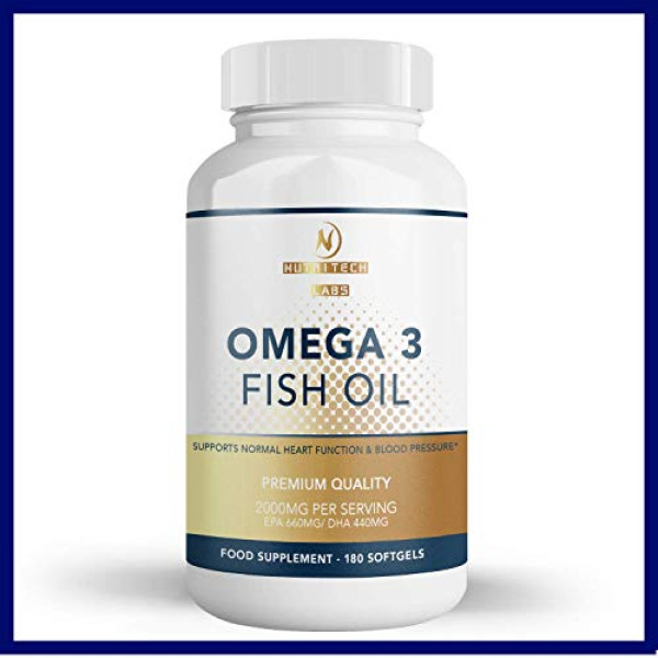 Omega 3 Fish Oil Capsules | 2000mg, 660 EPA 440 DHA per Serving | Soy, Gluten & Mercury Free | Odorless Small Capsules - 3 Months Supply (180 Softgels) | Made in UK by Nutritech Labs