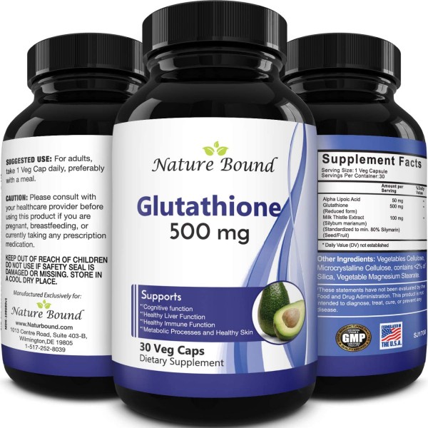 Pure Glutathione Supplement 500 mg GSH - Pure Skin Whitening Pills Natural Antioxidant with Milk Thistle Extract Silymarin Liver Health Alpha Lipoic Acid Amino - 30 Veg Capsules by Nature Bound