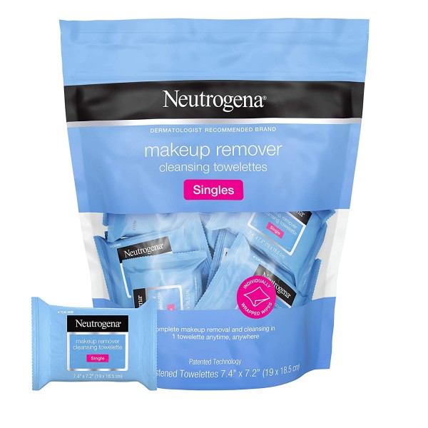 Neutrogena Makeup Remover Facial Cleansing Towelette Singles, Daily Face Wipes to Remove Dirt, Oil, Makeup & Waterproof Mascara, Gentle, Alcohol-Free, Individually Wrapped