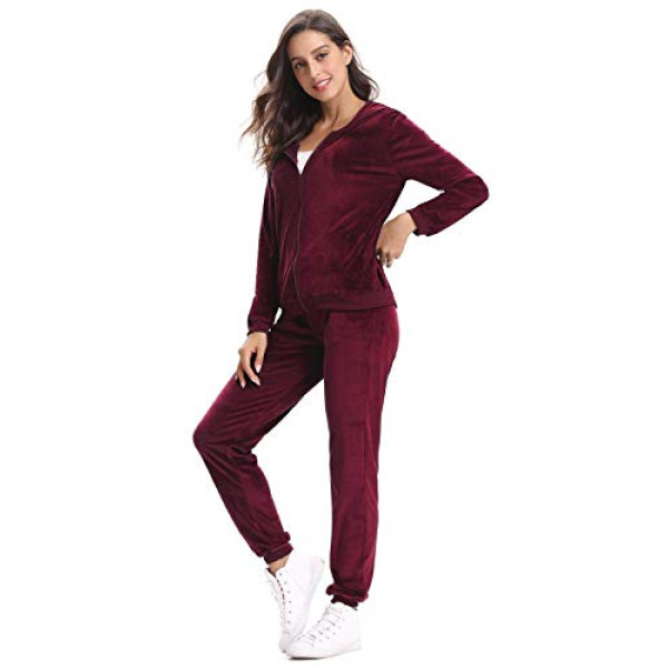 Aibrou Women Velour Tracksuit Zip Up Hoodie And ..