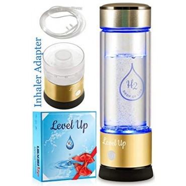 Level Up Way - Hydrogen Water Bottle Generator - New Technology Glass Water Ionizer - SPE Ionic Membrane - High Borosilicate Glass 13 Ounce
