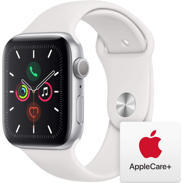 Apple Watch Series 5 (GPS, 44mm) - Silver Aluminum Case with White Sport Band with AppleCare+ Bundle