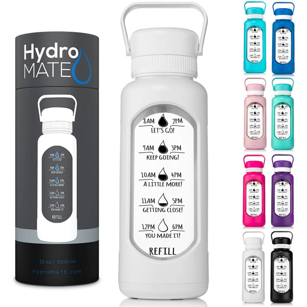 Hydromate 32 Oz Glass Water Bottle With Time Mar..