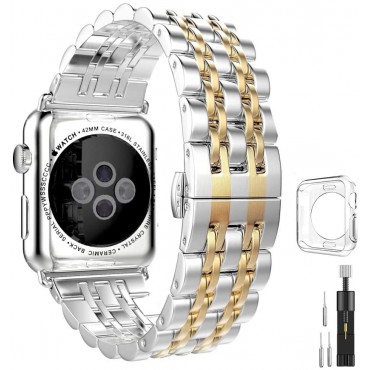 Stainless Steel Metal Bands Compatible with Apple Watch Band 42mm 44mm, Gold Replacement Strap with Adapter+Case Cover Compatible with iWatch Series 6 5 4 3 2 1 SE Sport