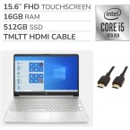 HP 2020 Premium 15.6" FHD Touchscreen Laptop Computer, 4 Core Intel Core i5-1035G1 1.00 GHz, 16GB RAM, 512GB SSD, No DVD, Webcam, Bluetooth, Wi-Fi, HDMI, Win 10, TMLTT HDMI Cable