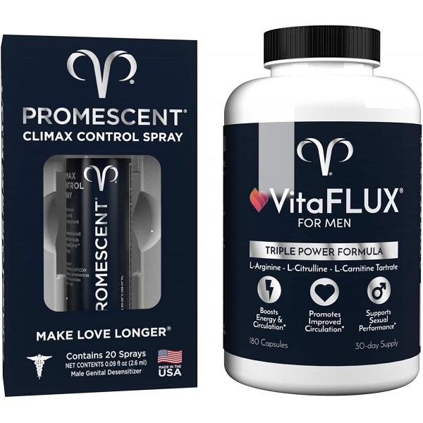 Promescent Delay Spray for Men (2.6ml) + VitaFLUX Triple Power Nitric Oxide Supplement for Male Performance, Lidocaine Spray to Last Longer with Men’s Daily Vitamin Packed with Amino Acids for Stamina