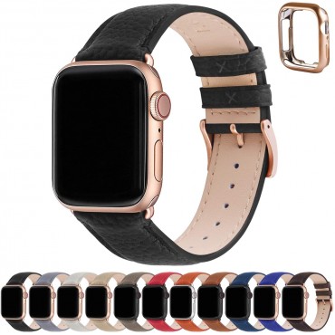 Fullmosa Compatible Apple Watch Band 40mm 38mm 44mm 42mm Leather Compatible iWatch Band/Strap Compatible Apple Watch SE & Series 6 5 4 3 2 1 with TPU Watch Case, 38mm 40mm, Black + Rose Gold Buckle