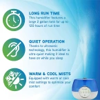 Pure Guardian H4810AR Ultrasonic Warm and Cool Mist Humidifier, 120 Hrs. Run Time, 2 Gal. Tank, 600 Sq. Ft. Coverage, Large Rooms, Quiet, Filter Free, Silver Clean Treated Tank, Essential Oil Tray