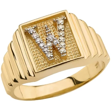 Men's 10k Yellow Gold Layered Band Square Face Diamond Initial Letter W Ring Men's 10k Yellow Gold Layered Band Square Face Diamond Initial Letter W Ring