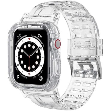 COOYA Compatible for Apple Watch Band 44mm 42mm Women Men iWatch Wristband with Protective Rugged Case Sport Strap Adjustable Replacement Band Compatible with Apple Watch Series 6 SE 5 4 3 2, Clear