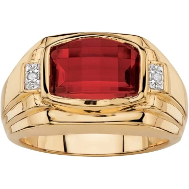 Palm Beach Jewelry Men's 18K Yellow Gold Plated Emerald Cut Created Red Ruby and Diamond Accent Ring Palm Beach Jewelry Men's 18K Yellow Gold Plated Emerald Cut Created Red Ruby and Diamond Accent Ring